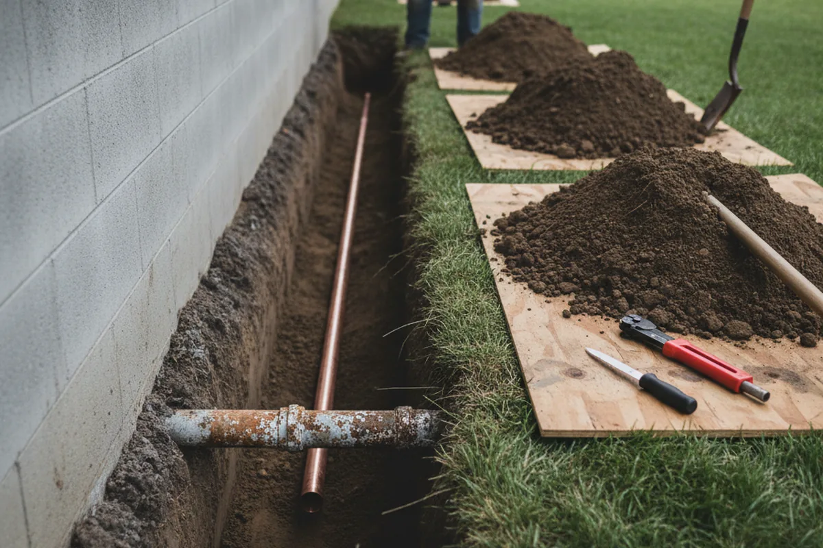 Excavated water line trench during Water Heater Repair in Denison